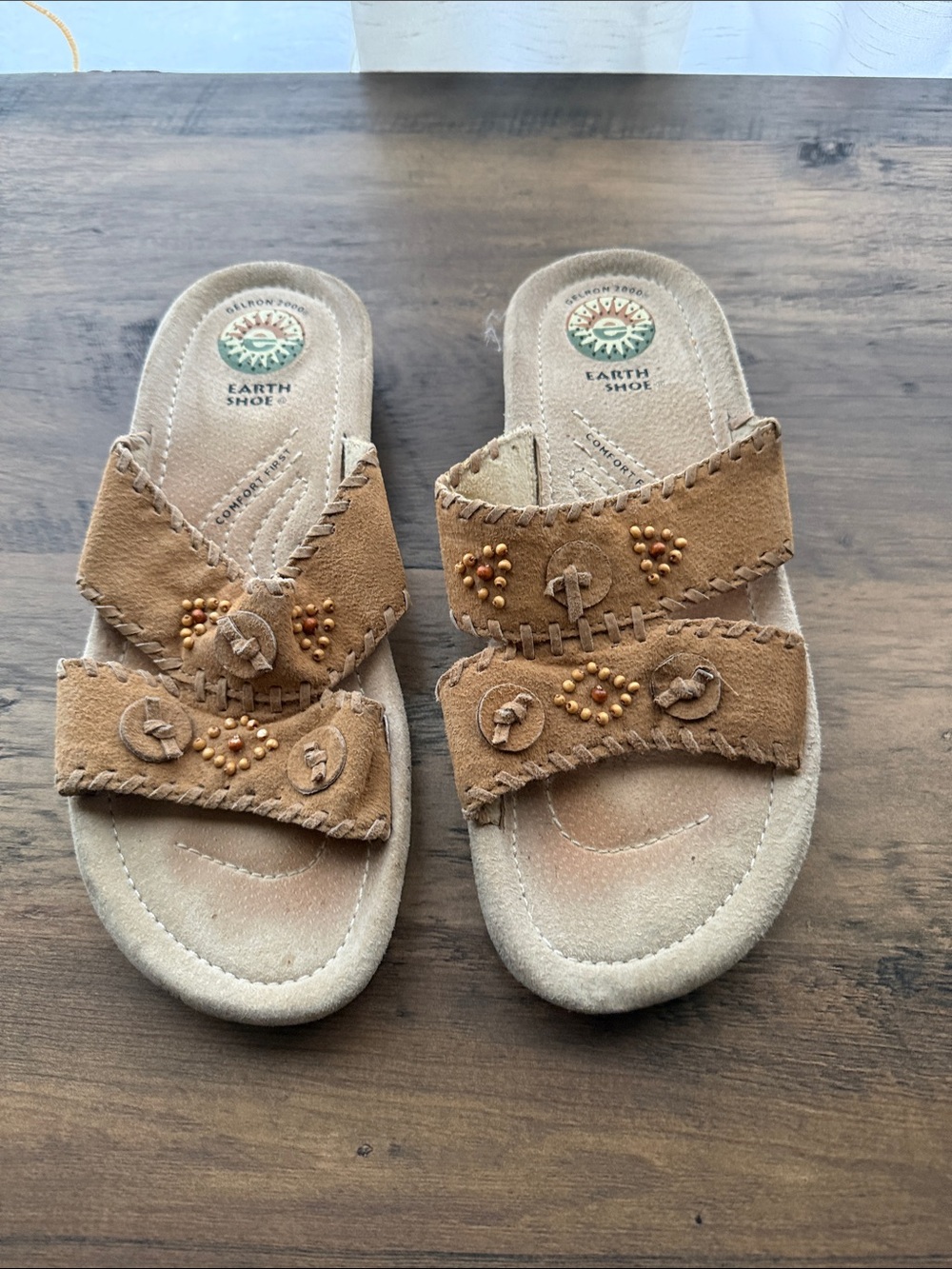 Earth Shoe Women's Tan Suede Leather Upper Beaded Dual-Strap Slide Sandals
